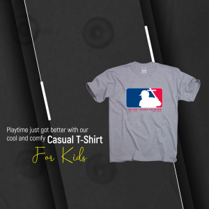 Gray T-shirt with a patriotic design for kids, hanging from strings.