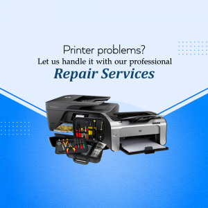 Image of a printer with repair tools, advertising professional printer repair services.