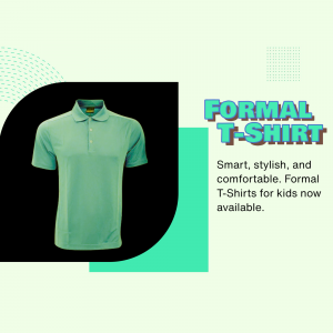 Light green formal t-shirt for kids on a black background with promotional text.