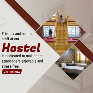 Hostel interior with bunk beds, common area, and friendly staff