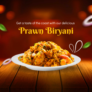 A plate of flavorful Prawn Biryani with prawns and spices.