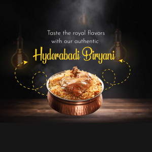 A close-up of Hyderabadi Biryani in a copper pot with decorative lighting.
