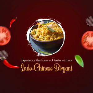 Close-up of Indo-Chinese Biryani in a bowl with surrounding ingredients