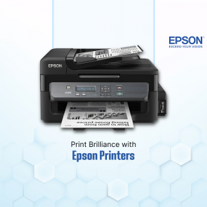 Black Epson printer with printed documents