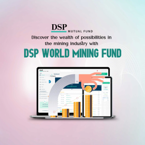 DSP World Mining Fund advertisement showing a laptop, smartphone, and hand reaching for coins.