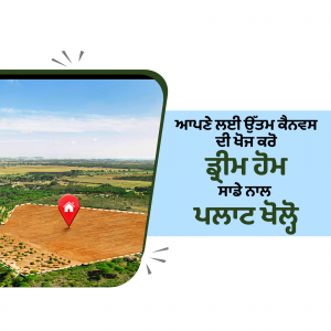 Aerial view of farmland with a location pin and text in Punjabi.
