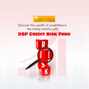 Image promoting DSP Credit Risk Fund by Motilal Oswal, featuring building blocks spelling 'RISK' and a magnifying glass.