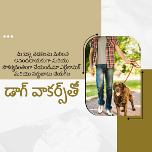 A man walking his dog on a leash outdoors with Telugu text overlay.