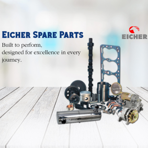 Assortment of Eicher spare parts including engine components.