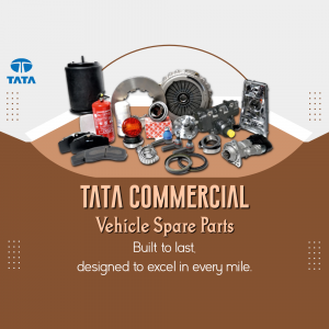 Assortment of Tata Commercial Vehicle spare parts displayed on a brown background.