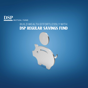 DSP Mutual Fund advertisement featuring a piggy bank and coin.