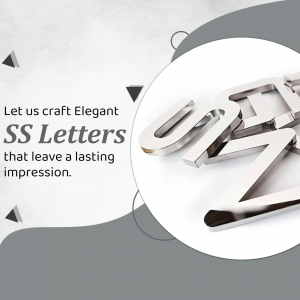 Close-up of stainless steel letters with promotional text