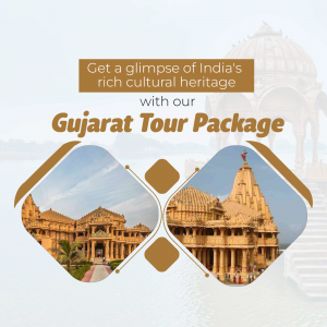Gujarat Tour Package advertisement featuring temples and cultural landmarks.