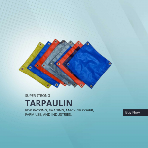 Stack of colorful tarpaulins with grommets, advertising for tarp use.