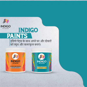 Indigo Paints advertisement featuring paint buckets and branding.