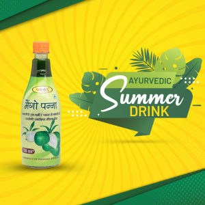 Bottle of Mango Panna with summer themed graphics