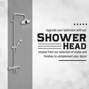 Silver shower head against a grey and white tiled wall with promotional text.