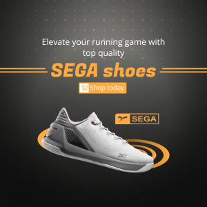 SEGA running shoe advertisement with a floating shoe and call to action.