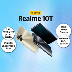 Realme 10T smartphone with key specifications highlighted