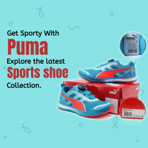 Puma sports shoes on a red box with a blue background