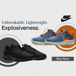Nike running shoes in blue and black, showcasing lightweight and explosive design.