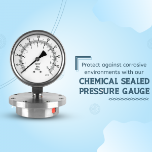 Stainless steel chemical sealed pressure gauge with a white face and black markings, showcasing corrosion resistance.
