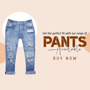 Pair of ripped denim jeans with promotional text.
