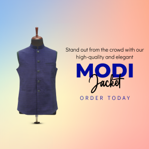 Blue Modi Jacket on a mannequin with promotional text