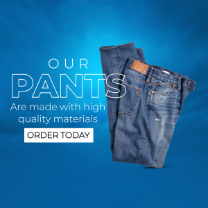 Close-up of blue denim pants with text overlay promoting quality materials and an order button.
