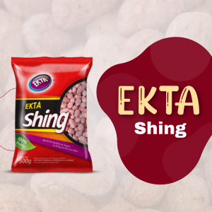 Close-up of a red Ekta Shing 500g snack pack with the product name prominently displayed.