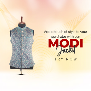 Image of a Modi Jacket on a mannequin with promotional text.