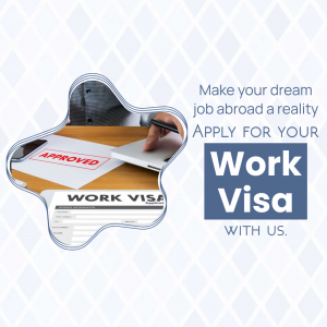 Image depicting a work visa application with an 'Approved' stamp and a person holding a passport.