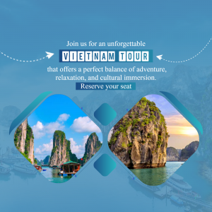 Advertisement for a Vietnam tour featuring Ha Long Bay and lush landscapes.