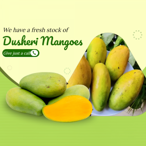 Pile of fresh Dusheri mangoes with a slice, advertising availability.