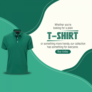 A green polo t-shirt displayed in an advertisement with text promoting a t-shirt collection.