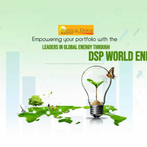 Image promoting DSP World Energy Fund by Motilal Oswal Mutual Fund, featuring a lightbulb with a plant and butterfly.