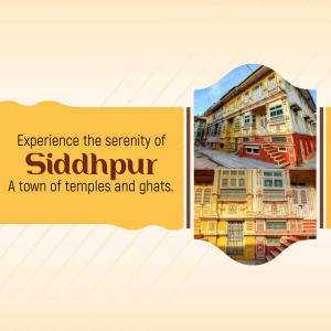 Image of traditional houses in Siddhpur, Gujarat, with text promoting its serenity.