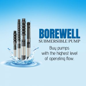 Image of Borewell Submersible Pumps with splash effect and text 'BOREWELL SUBMERSIBLE PUMP'