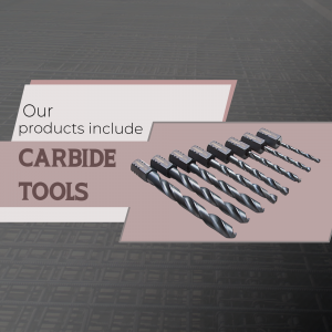 Set of carbide drill bits on a dark background with promotional text.