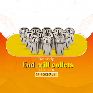Collection of silver end mill collets on a yellow and orange background with text 'We supply End mill collets of all sizes'