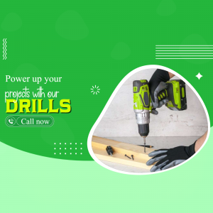 A promotional image featuring a power drill in use, advertising drills for sale.
