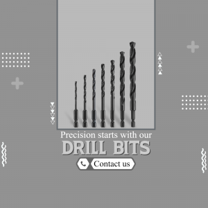 A set of black drill bits of varying sizes arranged in a line with the text 'Precision starts with our DRILL BITS'