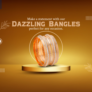 Close-up of gold bangles on a pedestal with a gradient background.