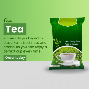 Image of a green tea package with a cup of tea
