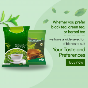 Image of a tea premix packet with a cup of tea and green leaves, promoting a wide selection of tea blends.