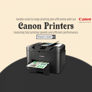 Canon printer on a beige background with text promoting efficient printing.