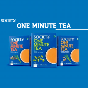Three boxes of Society One Minute Tea in different flavors: Masala, Lemon Ginger, and Classic.