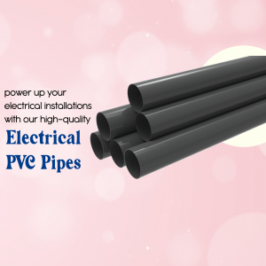 Black PVC pipes for electrical installations against a pink background with text.