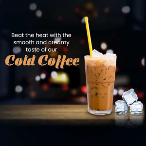 A glass of cold coffee with ice cubes and a yellow straw, promoting a cool beverage.