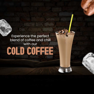 A glass of iced coffee with ice cubes and a straw, promoting a cold coffee beverage.